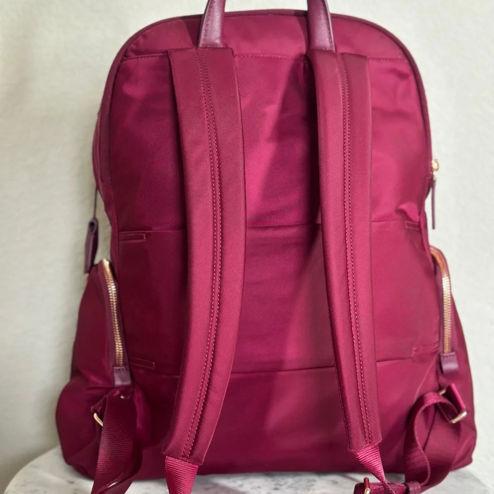 Tumi Voyageur Maroon Ladies Laptop Backpack with Gold Accents. Nylon and Leather - Picture 2 of 16